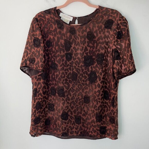 Escada Vintage Womens Blouse Size 10 Brown Leopard Animal Print Silk Blend - Picture 8 of 9